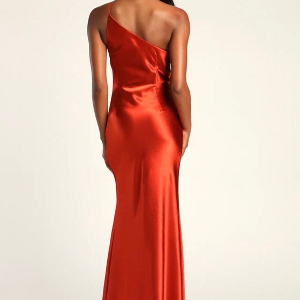 Lulus Forever Begins Now Rust Orange Satin One-Shoulder Maxi Dress